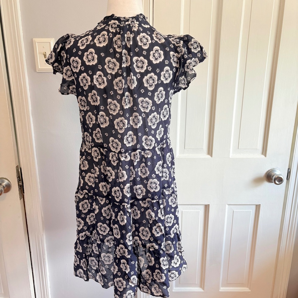 Anthropologie Womens XS Mini Dress Navy Blue Floral Tiered Flutter Sleeve - Picture 3 of 6